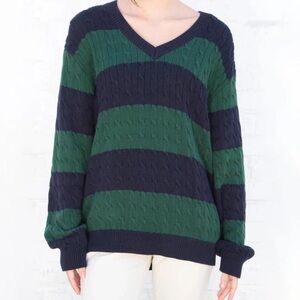 Brandy Melville Green and Navy V-Neck Cable Knit Sweater | Stripes | One size